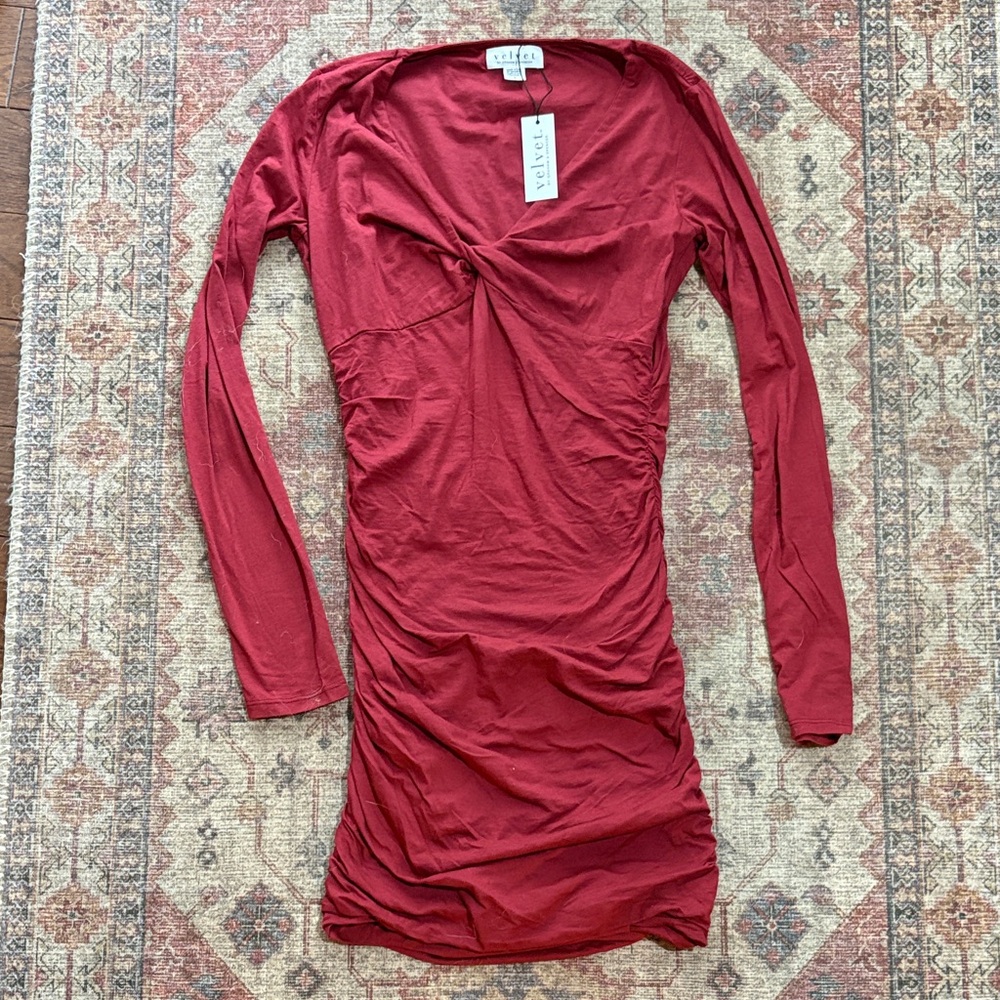 Velvet Deep Red Twist-Front Long Sleeve Bodycon Dress
